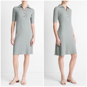VINCE NWOT Cotton-Blend Elbow-Sleeve Polo Dress in Sea Stone MSRP $298